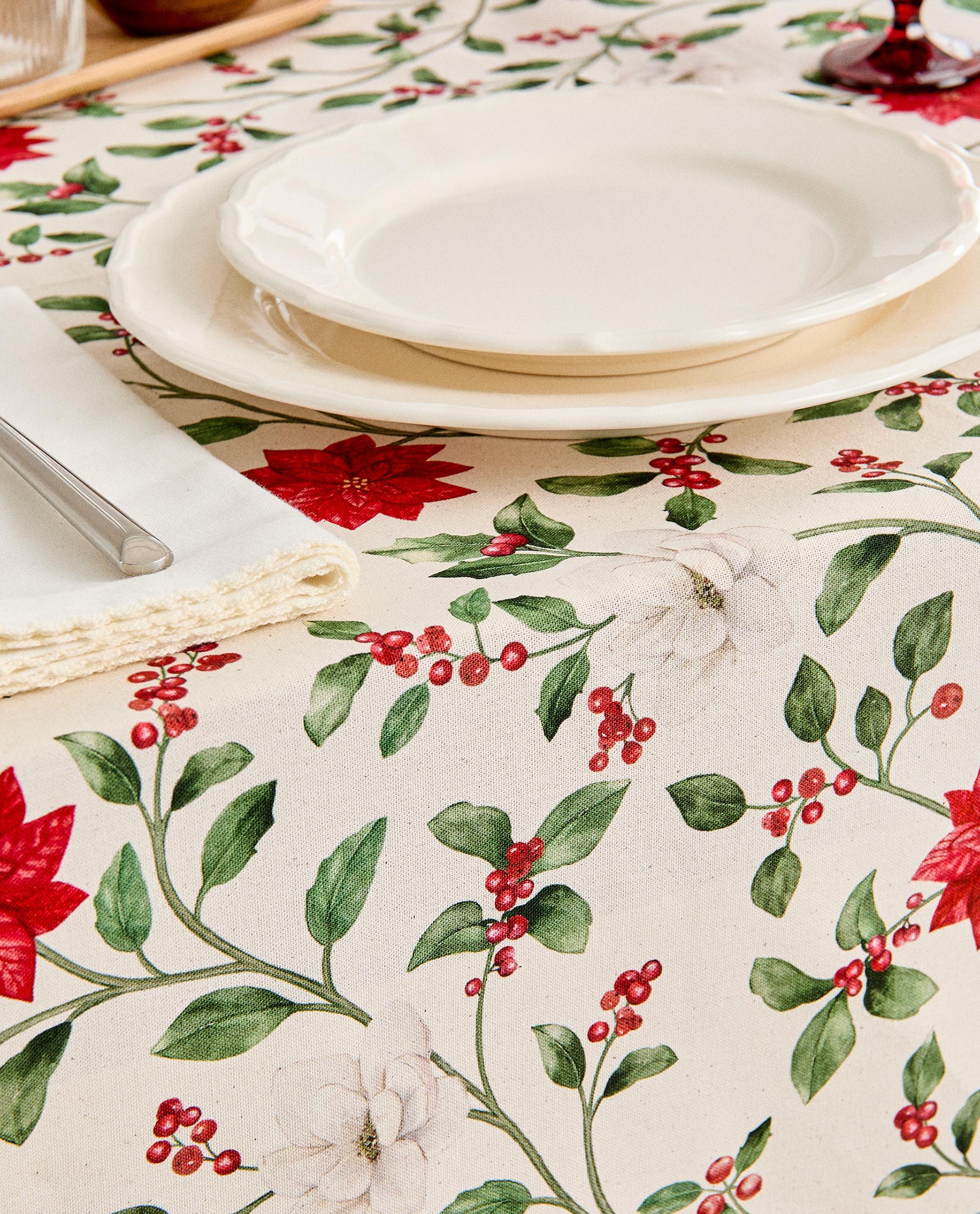 COTTON CHRISTMAS TABLECLOTH WITH BRANCHES AND FLOWERS