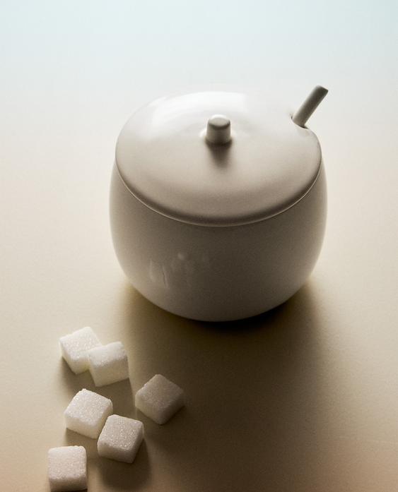 PLAIN STONEWARE SUGAR BOWL WITH SPOON