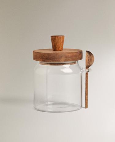 BOROSILICATE GLASS AND WOOD SUGAR BOWL