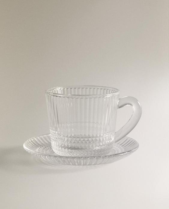 TASSE À CAFÉ AVEC SOUCOUPE EN VERRE À RELIEF GÉOMÉTRIQUE