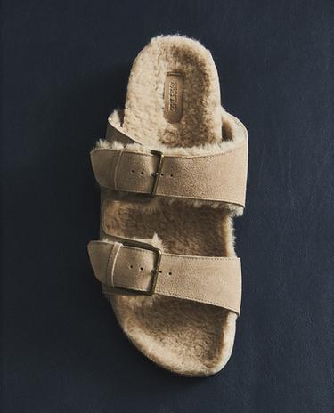 SANDALES CHAUDES EN CROÛTE DE CUIR À DOUBLE BOUCLE