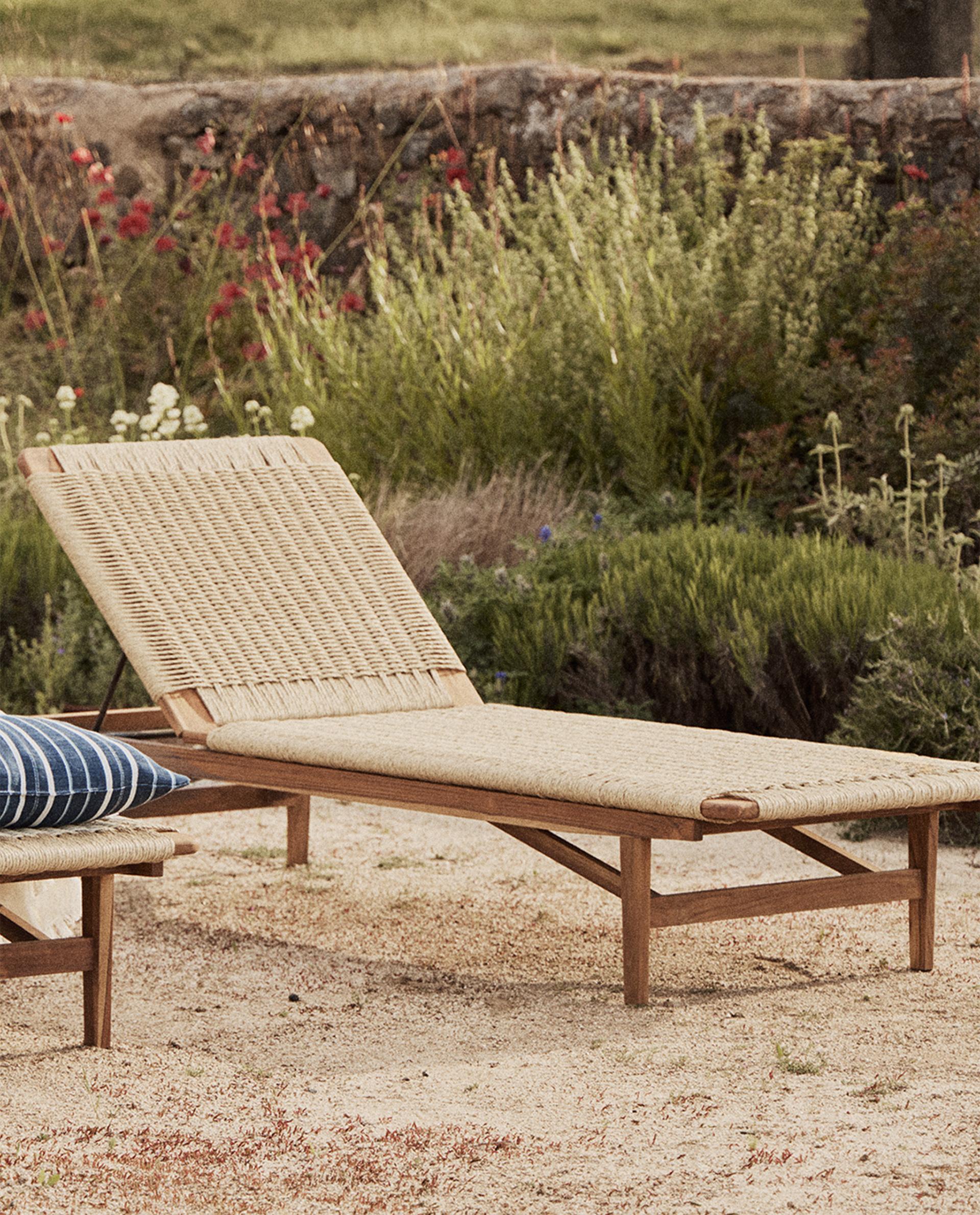 Teak Outdoor Lounger - Woven Synthetic Fiber