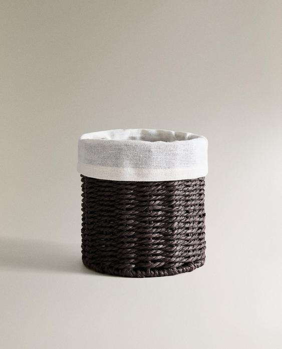 ตะกร้ากลมทรงสูงแต่งซับในด้วยผ้าลินิน