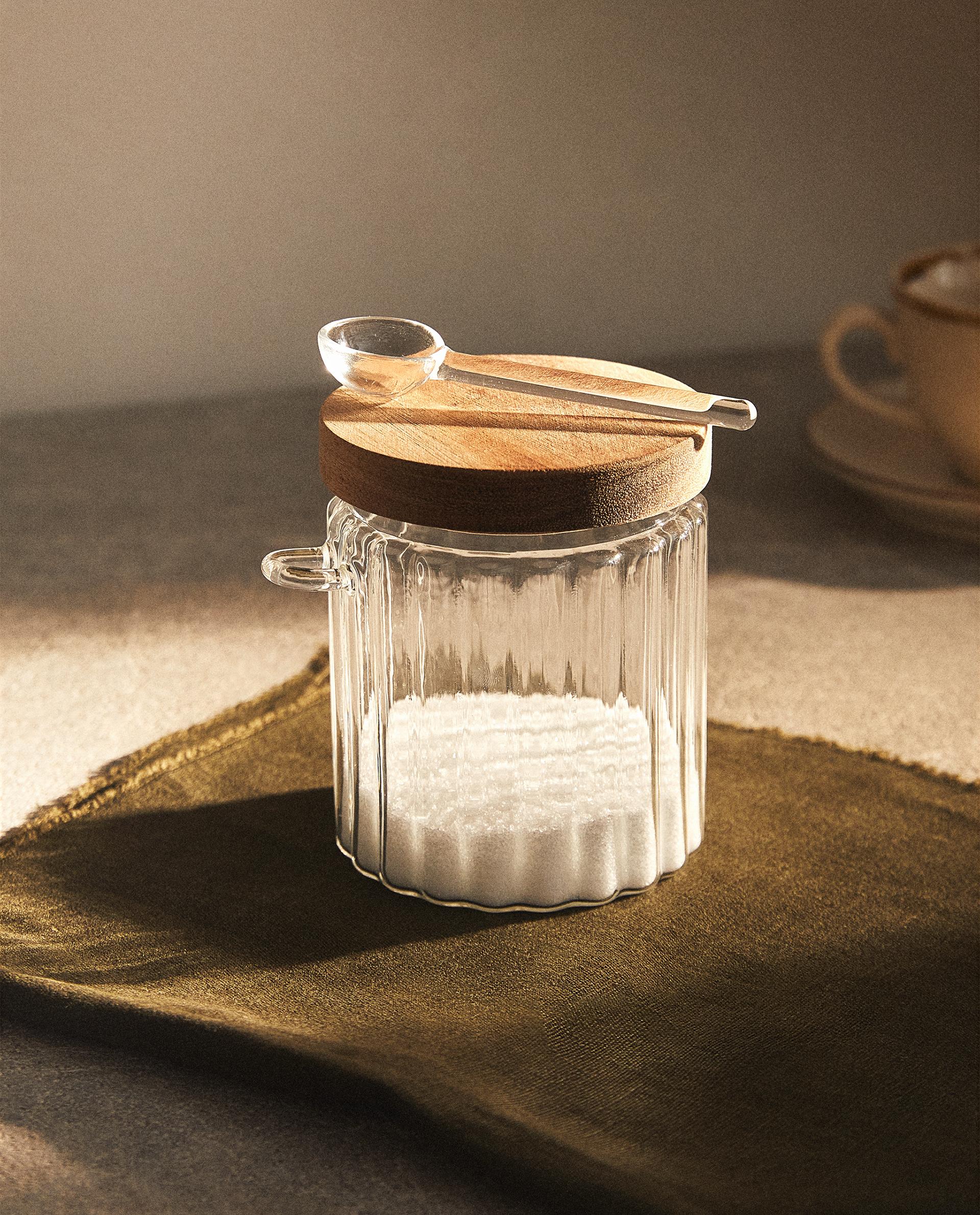 BOROSILICATE GLASS AND WOOD SUGAR BOWL