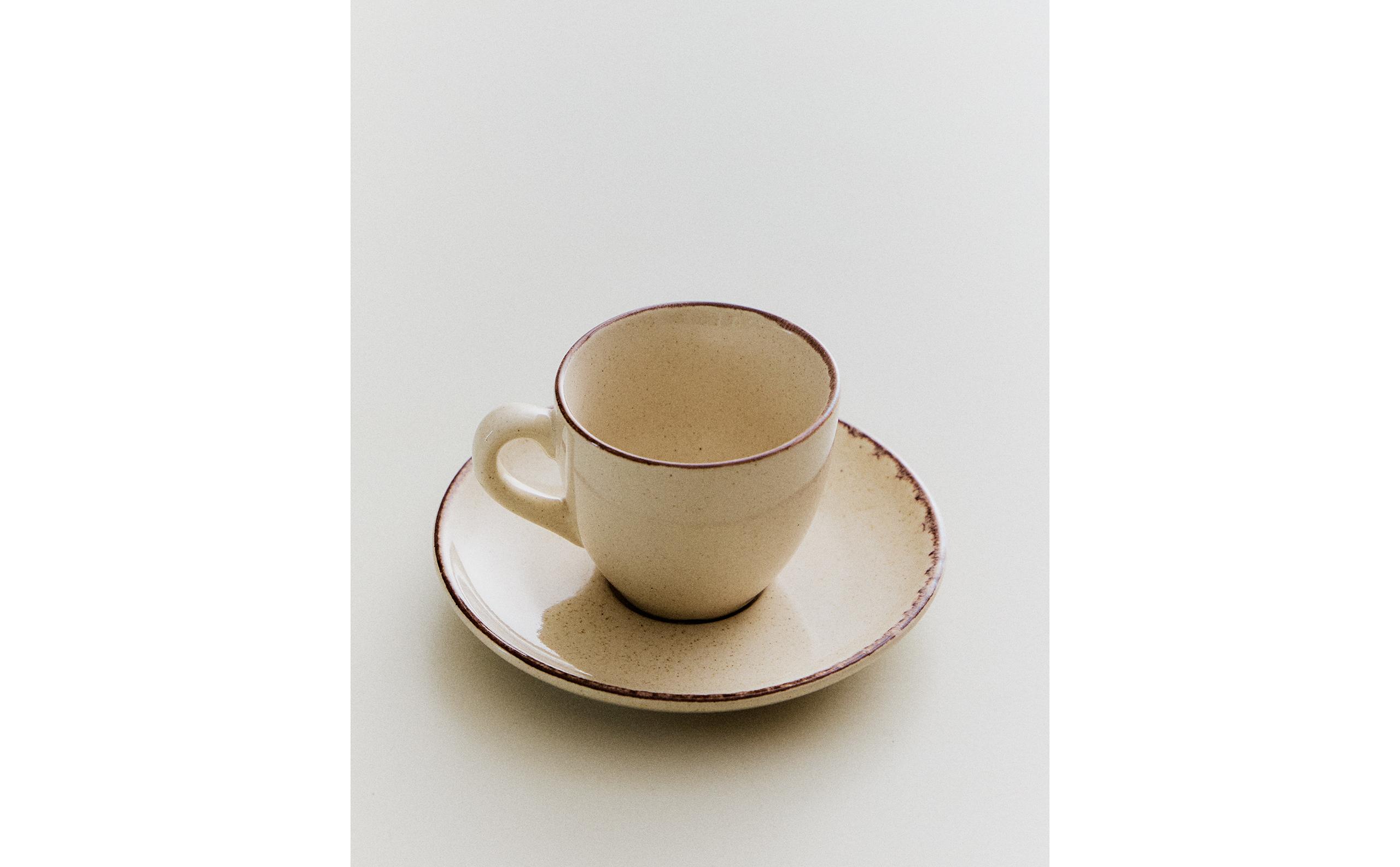 STONEWARE COFFEE CUP AND SAUCER WITH ANTIQUE FINISH RIM product thumbnail 2