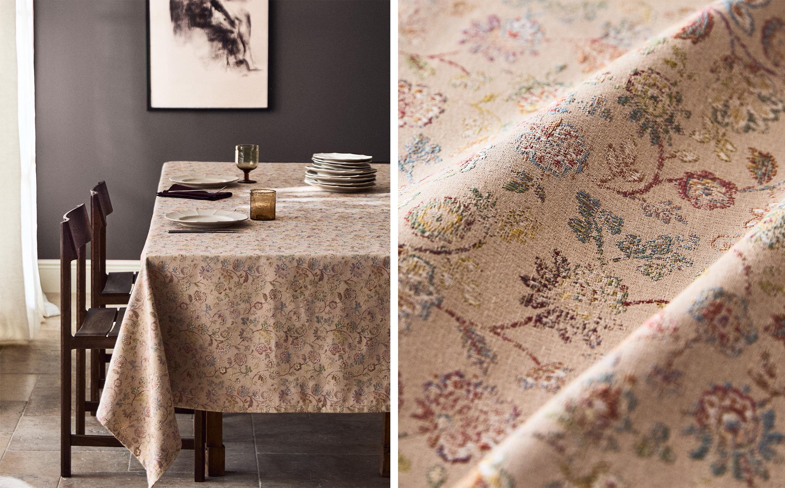 【ZARA 】大判テーブルクロス　青のフローラル柄　リネン＆コットン製 ZARA HOME】大判テーブルクロス 青のフローラル柄 リネン