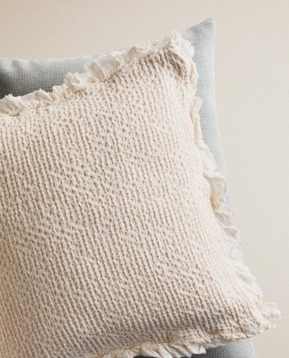 KIDS’ MINI WAFFLE TEXTURE CUSHION COVER WITH RUFFLE TRIM KIDS’ MINI WAFFLE TEXTURE CUSHION COVER WITH RUFFLE TRIM