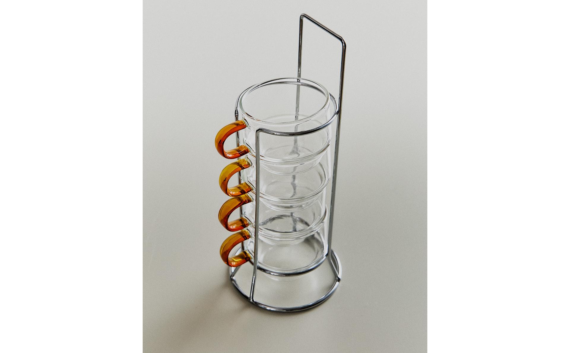 BOROSILICATE GLASS MUG TOWER WITH COLORED HANDLE (SET OF 4) BOROSILICATE GLASS MUG TOWER WITH COLORED HANDLE (SET OF 4)