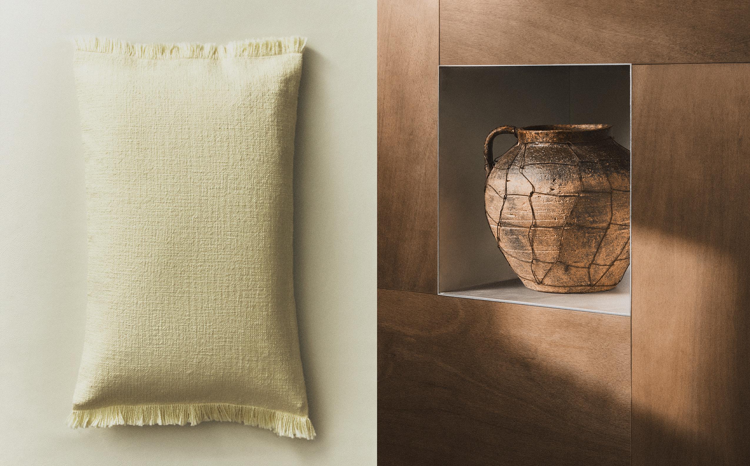 JARRÓN TERRACOTA ENREJADO Y FUNDA COJÍN FLECOS