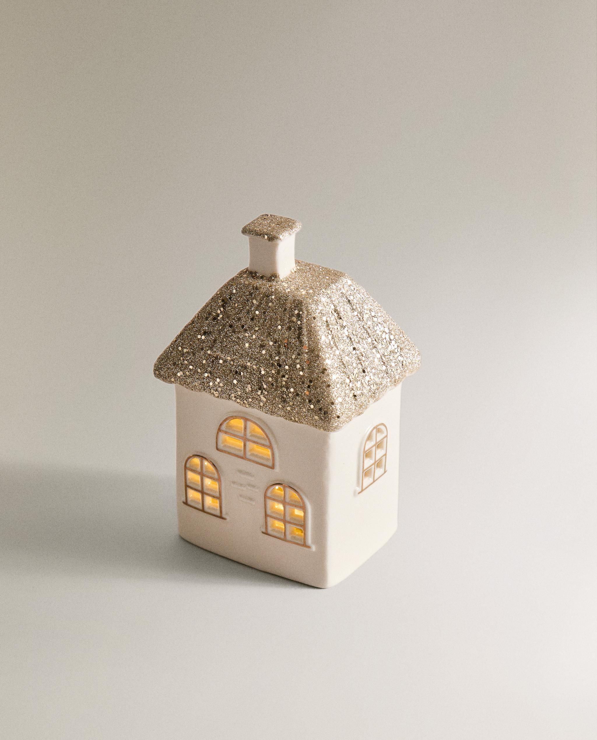クリスマス セラミック ハウス オーナメント 四角い屋根 グリッター