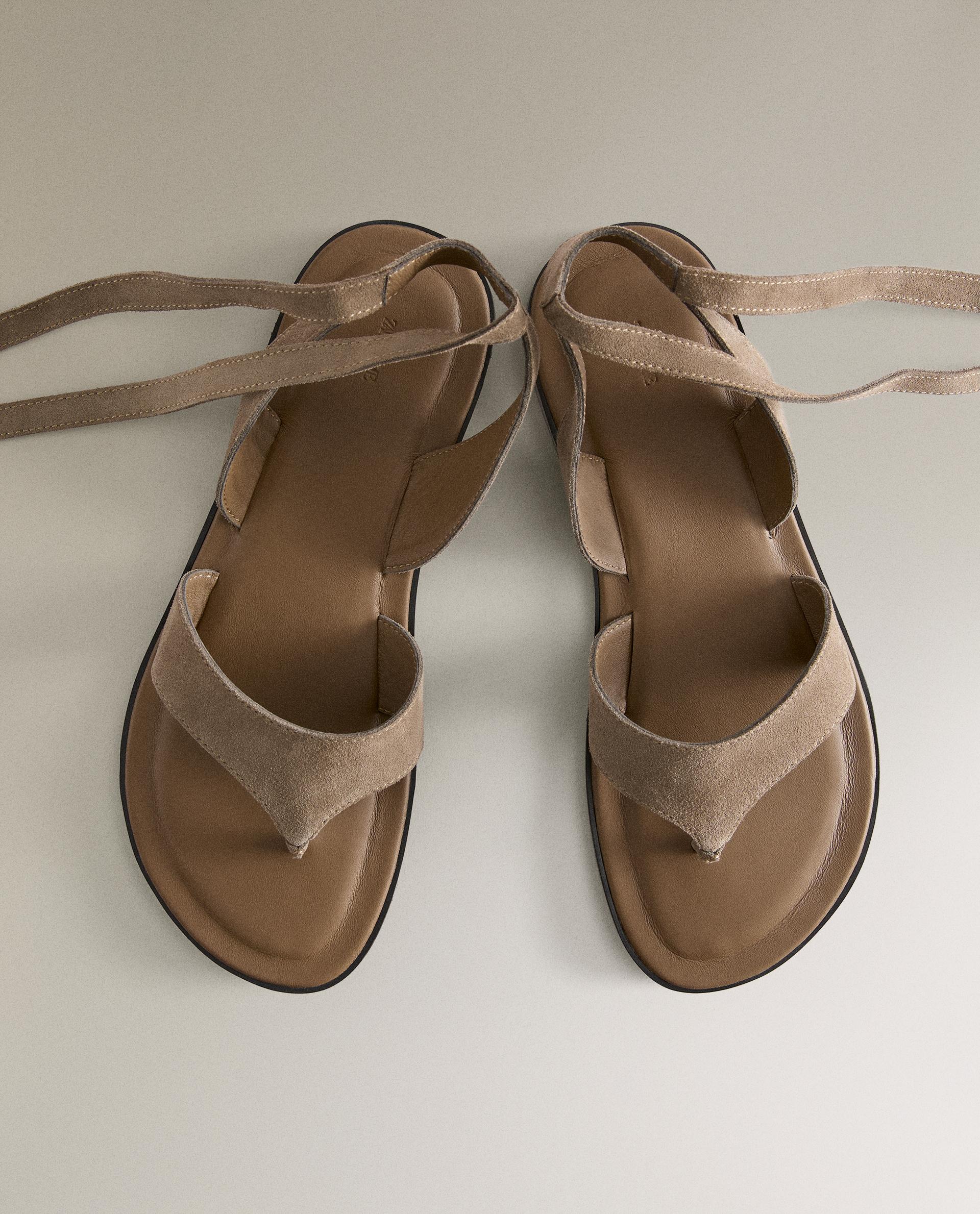 Zara Tied Flat Leather Sandals ZARA Strap Sandal LEATHER Flat