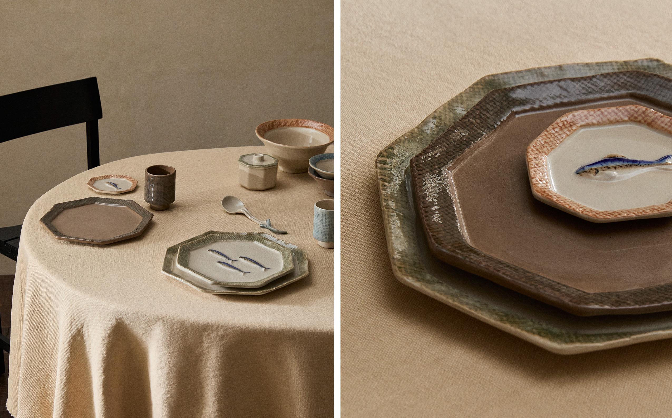 CERAMIC DINNER SET WITH CHECK BORDER