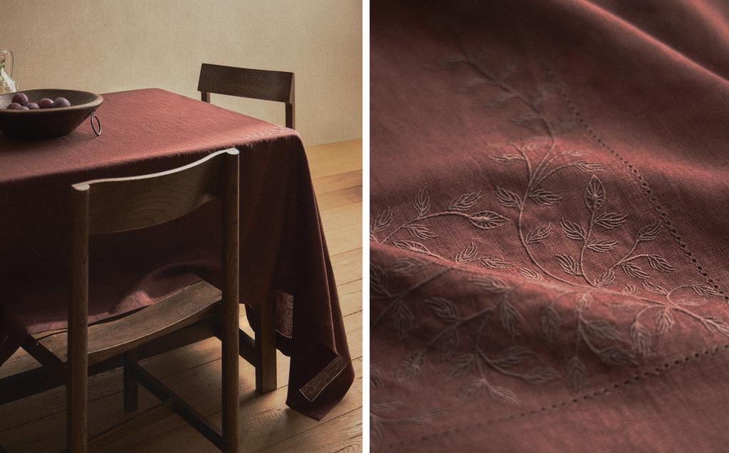 TOALHA DE MESA DE LINHO COM BORDADO DE FLOR