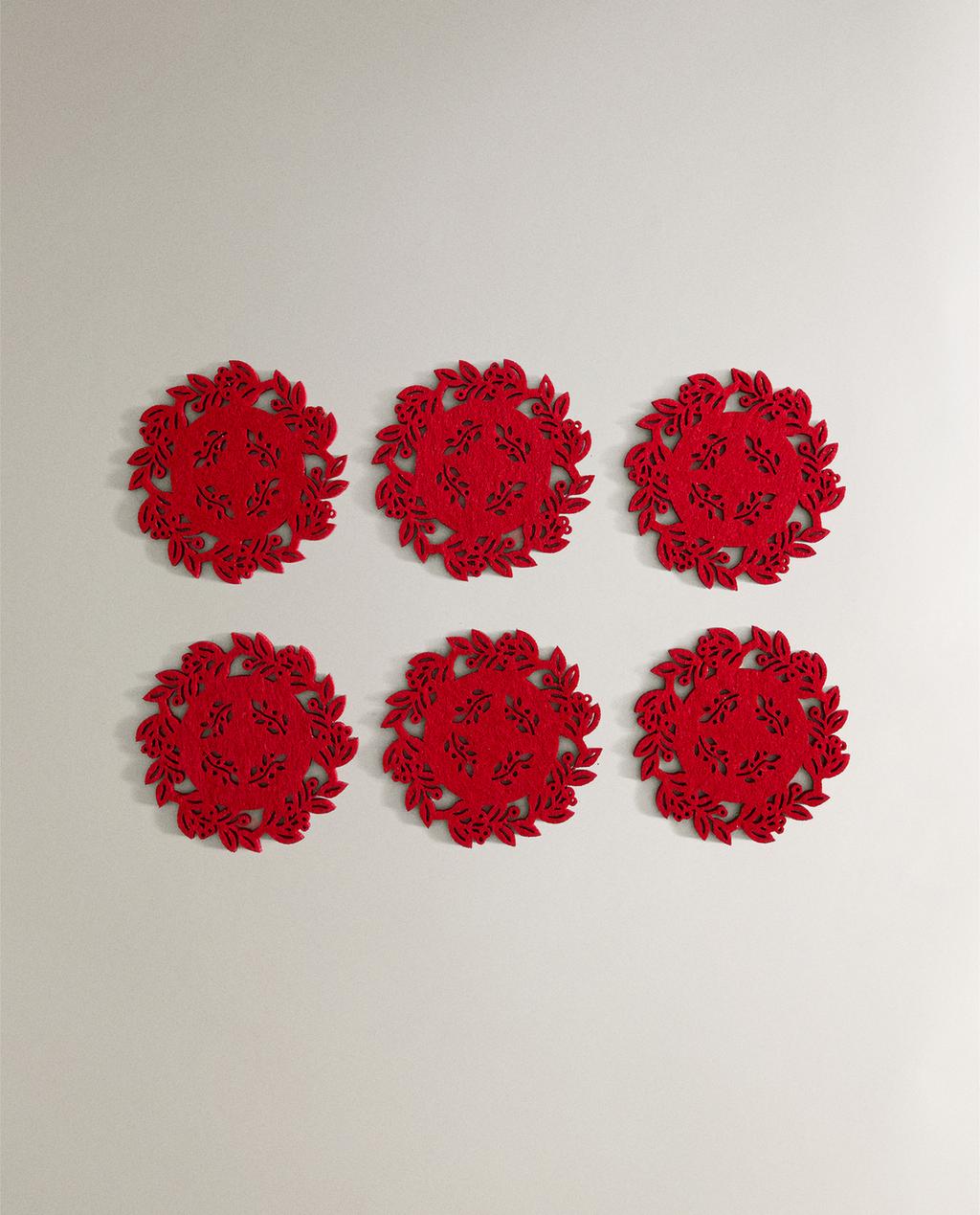 SET OF CHRISTMAS HOLLY FELT COASTERS (SET OF 6)