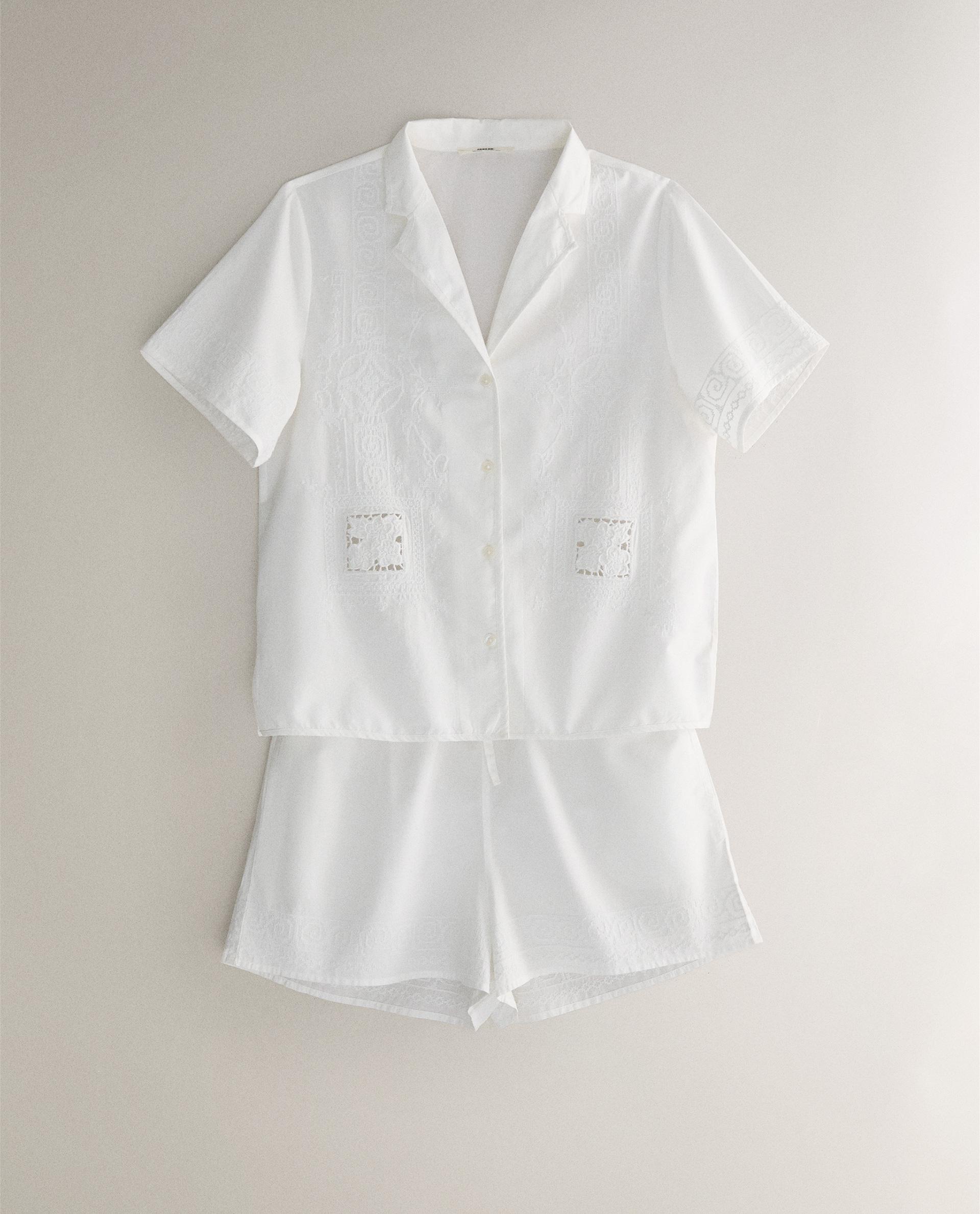 【新品未使用】Embroidery Pajamas Shirts Organic Cotton Interlock Notch Collar Sleep Shirt | EILEEN FISHER