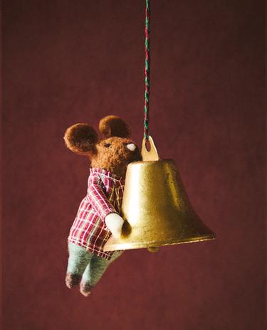 CHRISTMAS TREE WOOL MOUSE BELL DECORATION