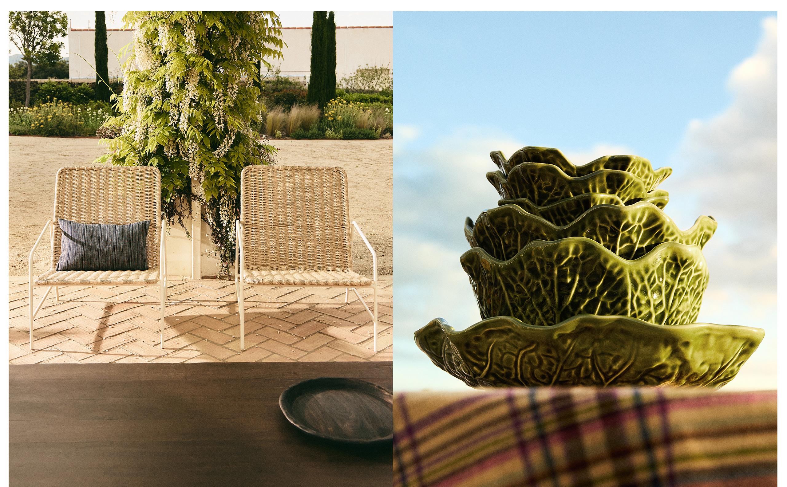 CABBAGE-SHAPED STONEWARE TABLEWARE AND CHAIRS