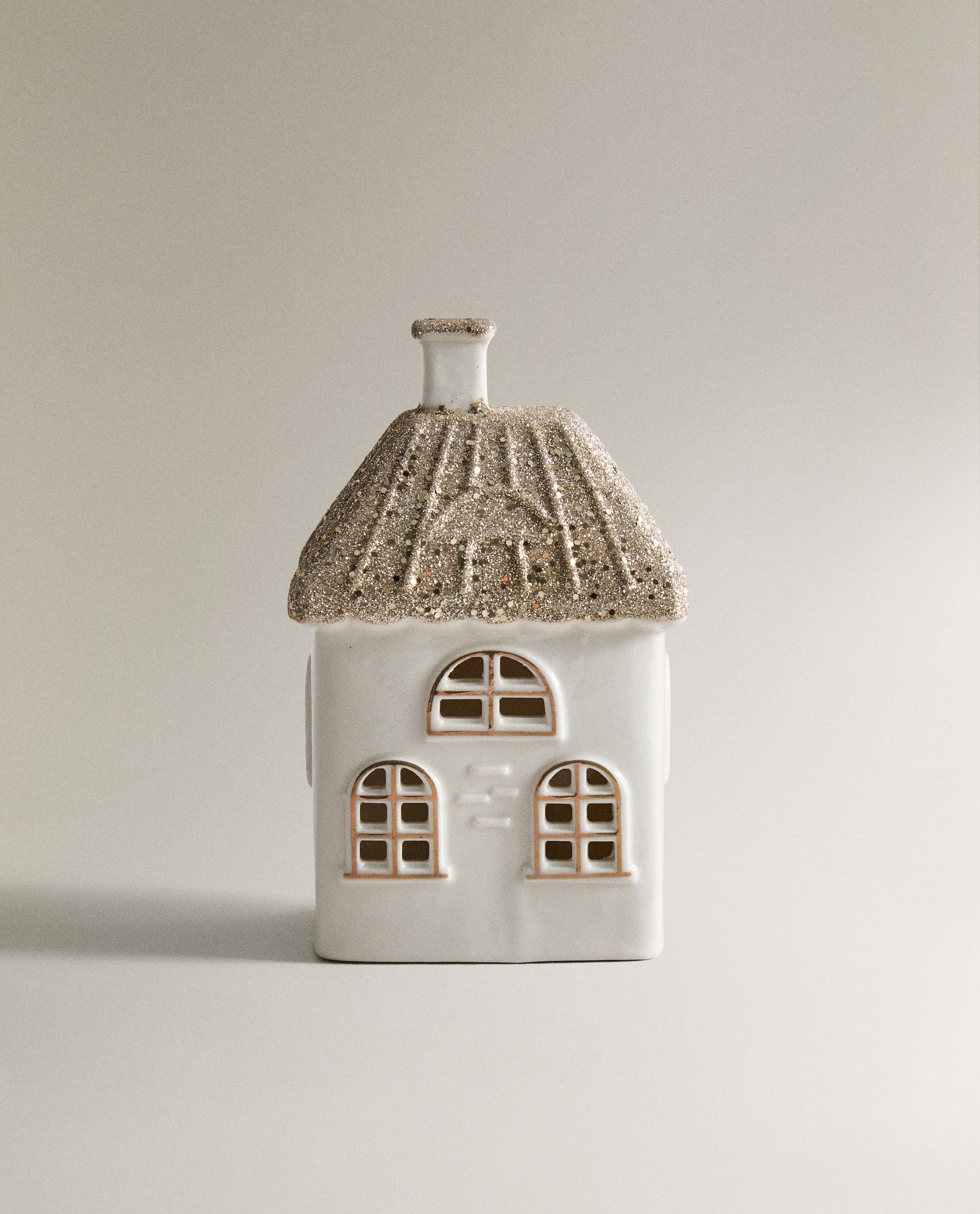 クリスマス セラミック ハウス オーナメント 四角い屋根 グリッター