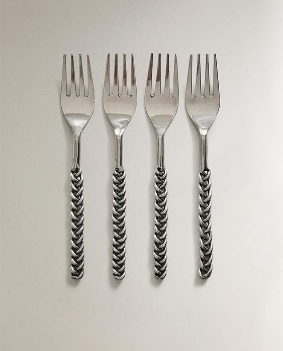 طقم شوك تحلية بمقابض معدن مجدولة (طقم 4 قطع)