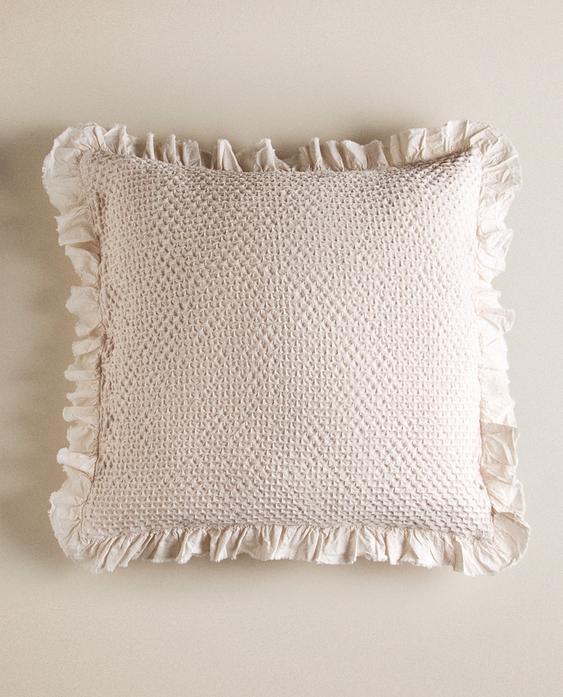 KIDS’ MINI WAFFLE TEXTURE CUSHION COVER WITH RUFFLE TRIM KIDS’ MINI WAFFLE TEXTURE CUSHION COVER WITH RUFFLE TRIM