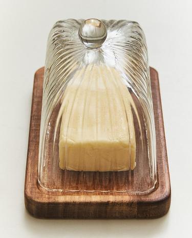 BOROSILICATE GLASS AND WOOD BUTTER DISH