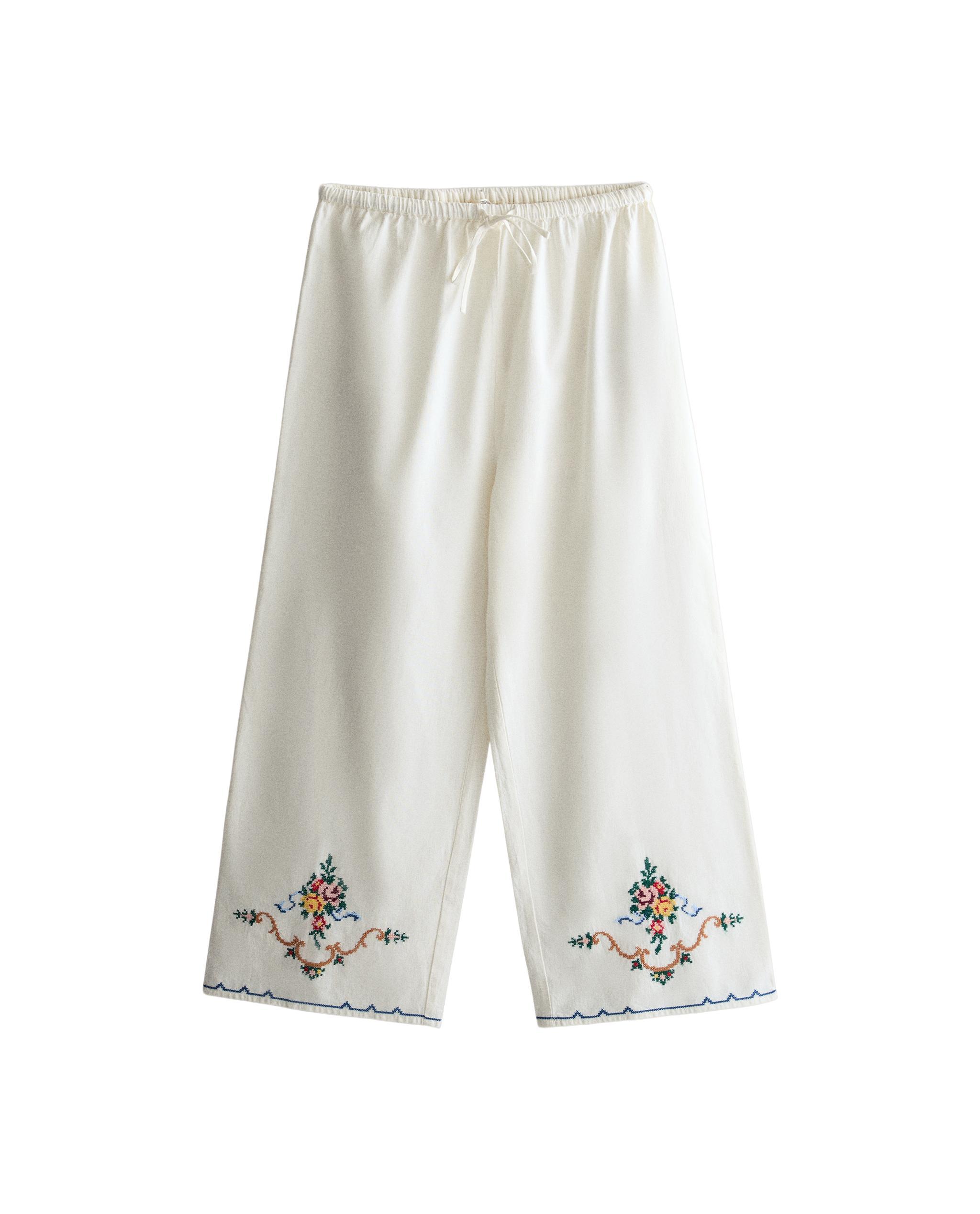 EMBROIDERED LINEN-COTTON BLEND TROUSERS product thumbnail 6