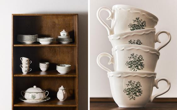 GREEN FLORAL EARTHENWARE DINNER SET