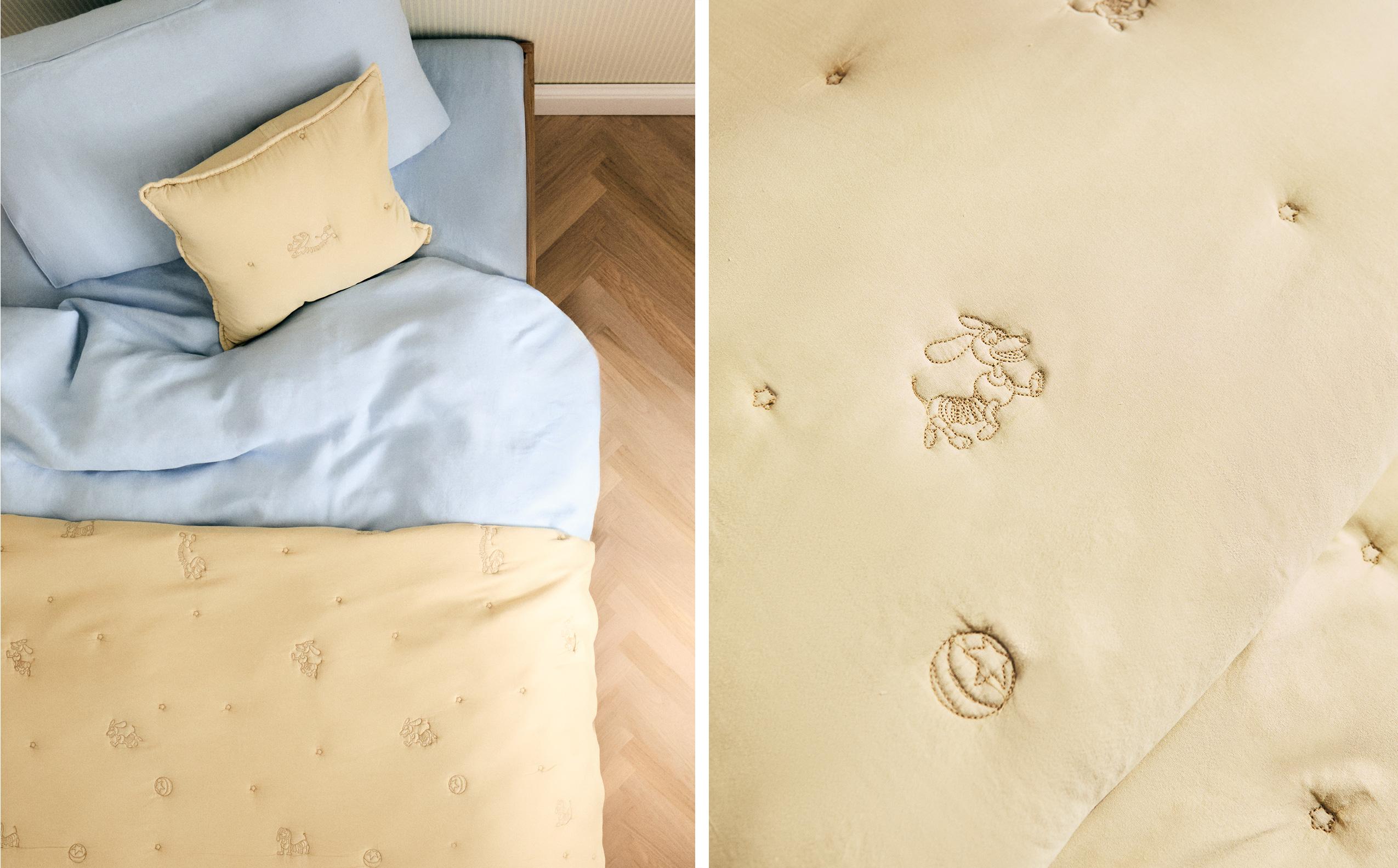 ザラホーム ZARA  刺繍 レース ベットカバー　枕カバー　セット ZARA HOME - 【D】good night ロゴ パイピング ベッドカバー 4点