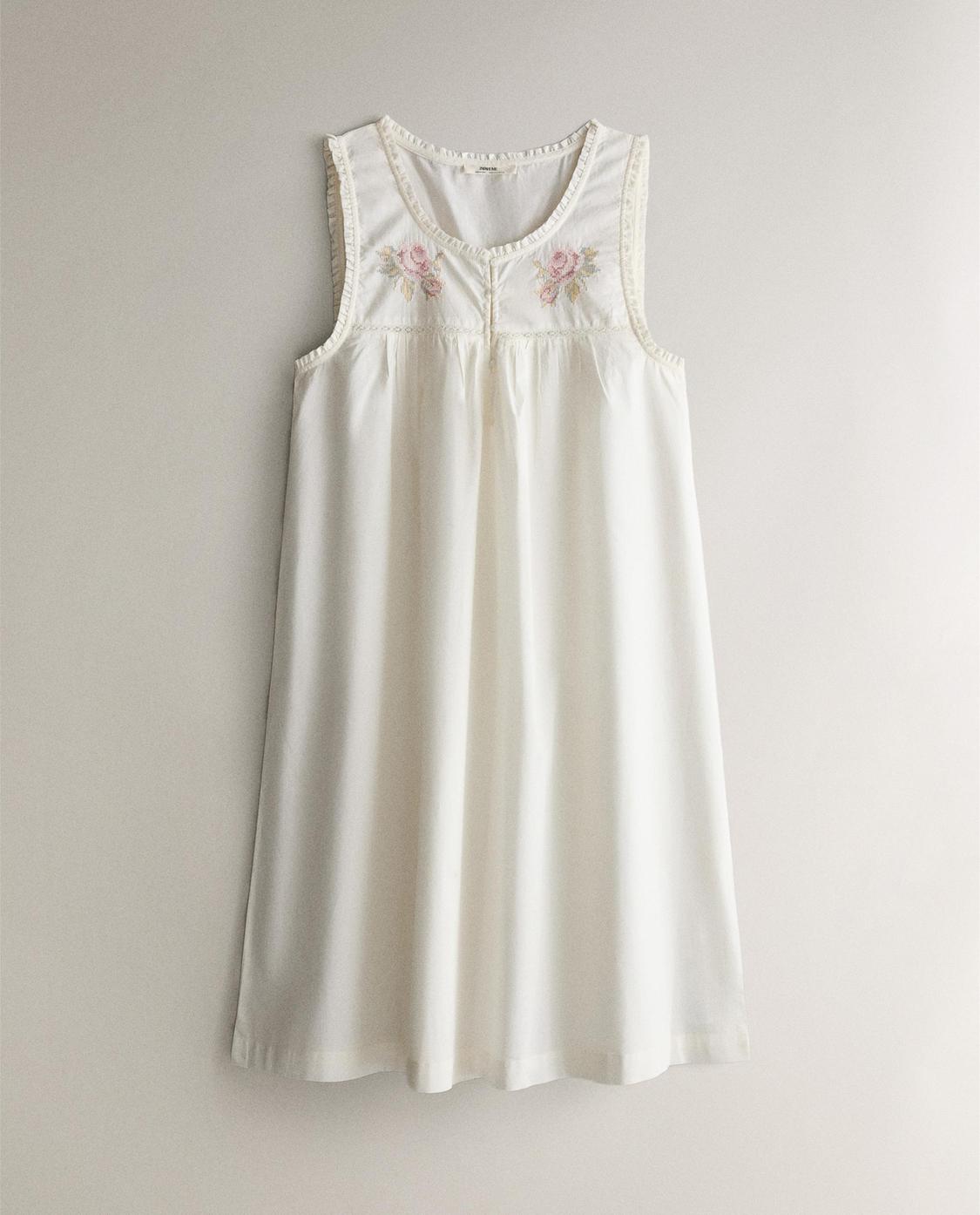 Zara Home Embroidered Cotton Nightgown Oyster White