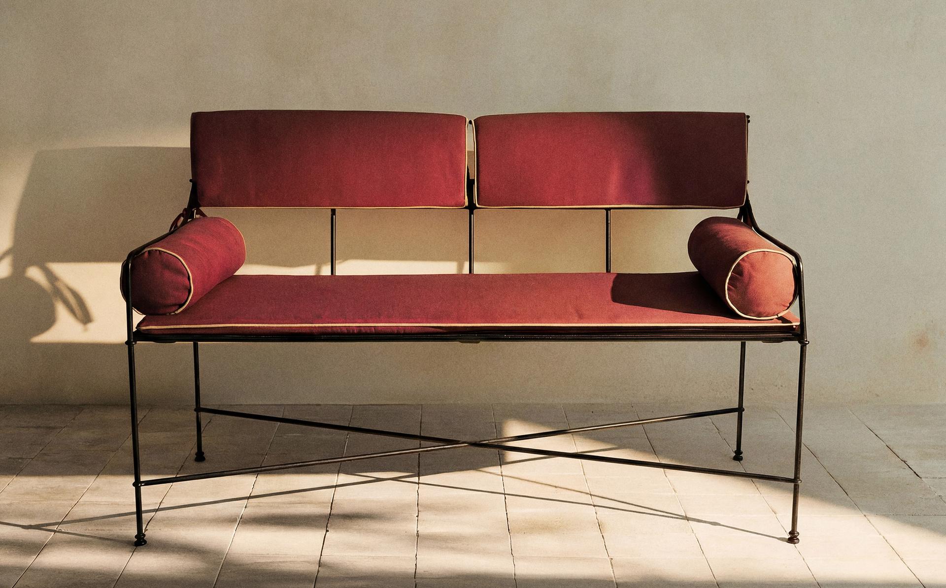 WROUGHT IRON BENCH AND CUSHIONS WROUGHT IRON BENCH AND CUSHIONS