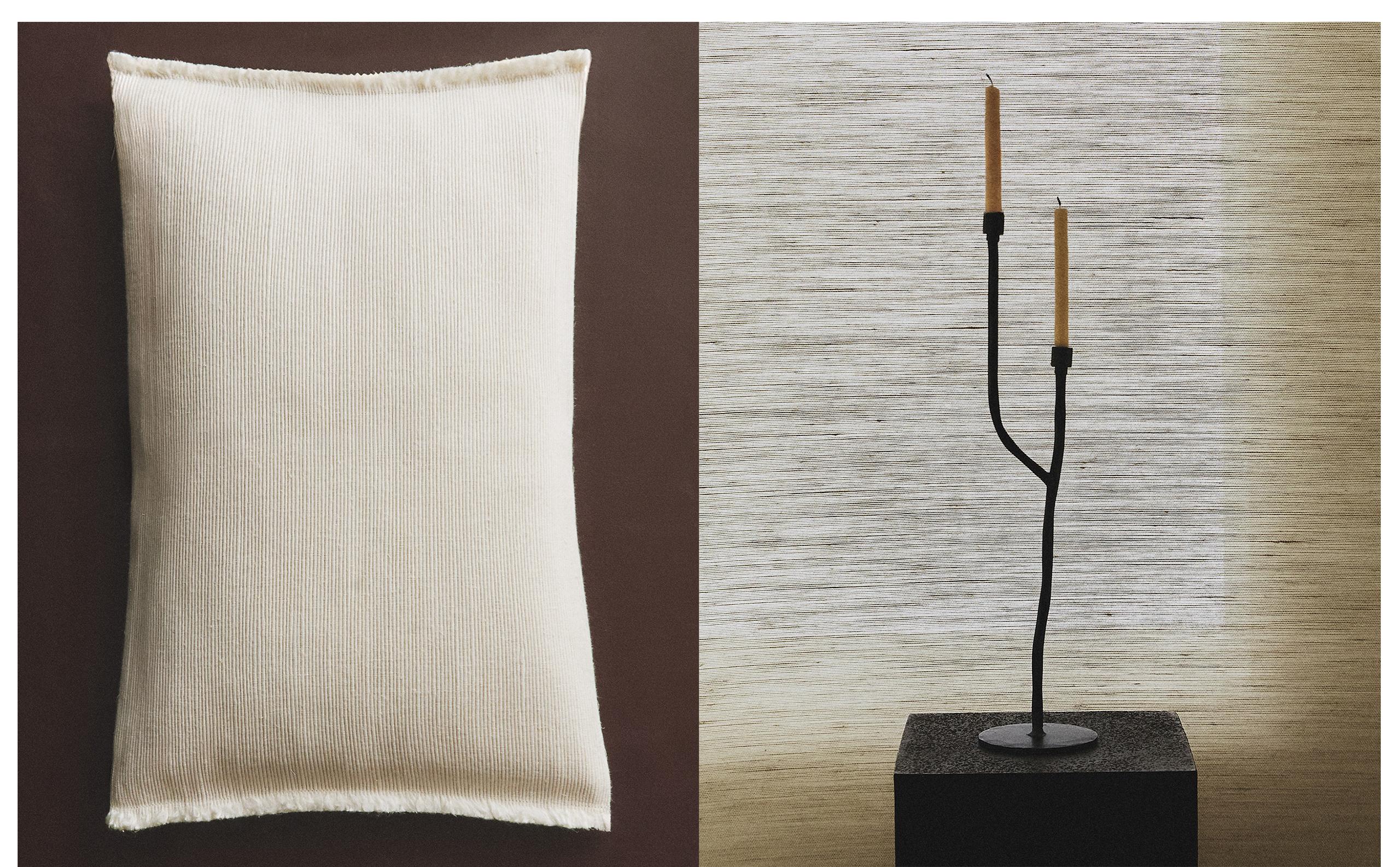 CANDELABRO METALLO E FEDERA DA CUSCINO CON FRANGE
