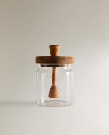BOROSILICATE GLASS AND WOOD HONEY JAR