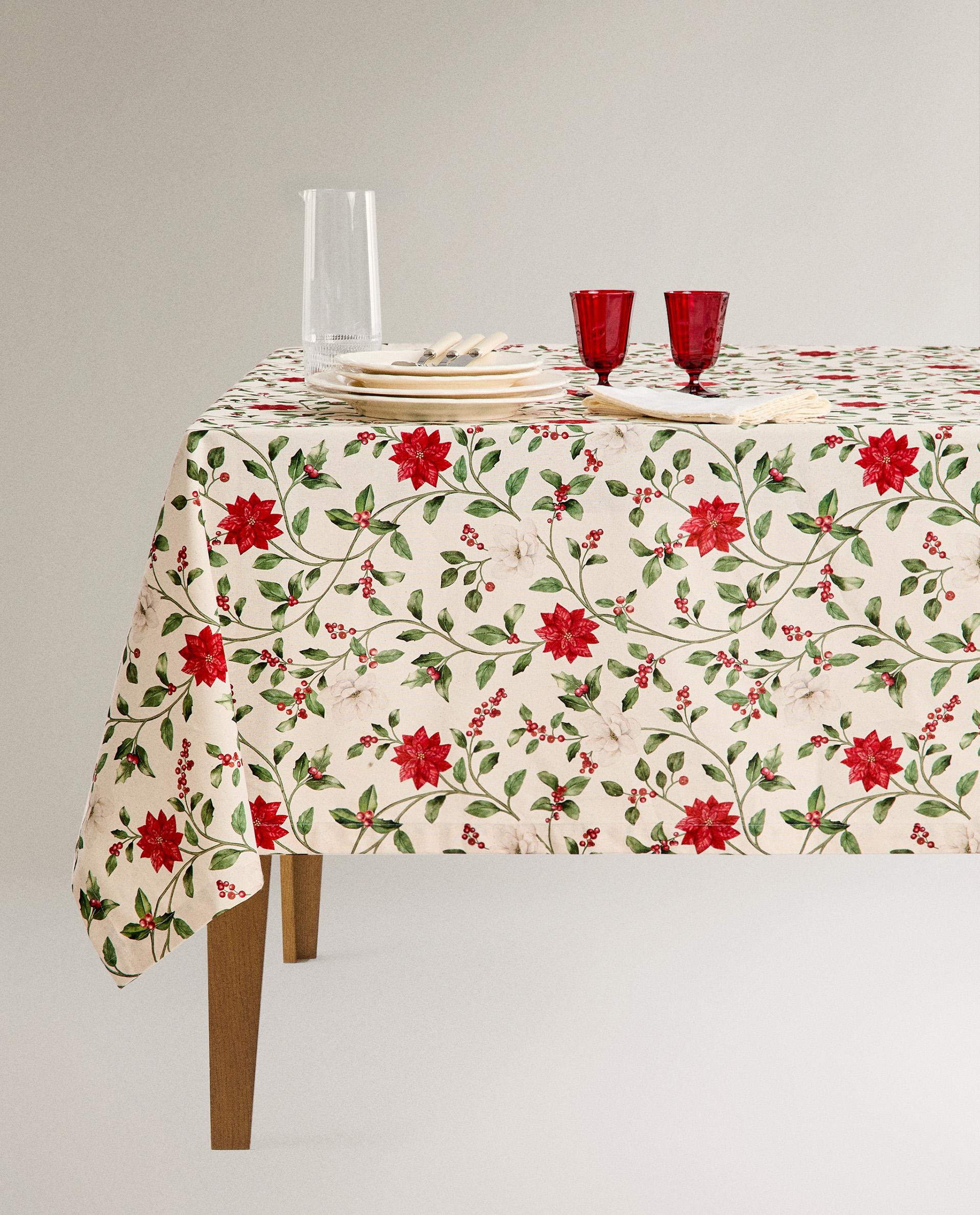 COTTON CHRISTMAS TABLECLOTH WITH BRANCHES AND FLOWERS