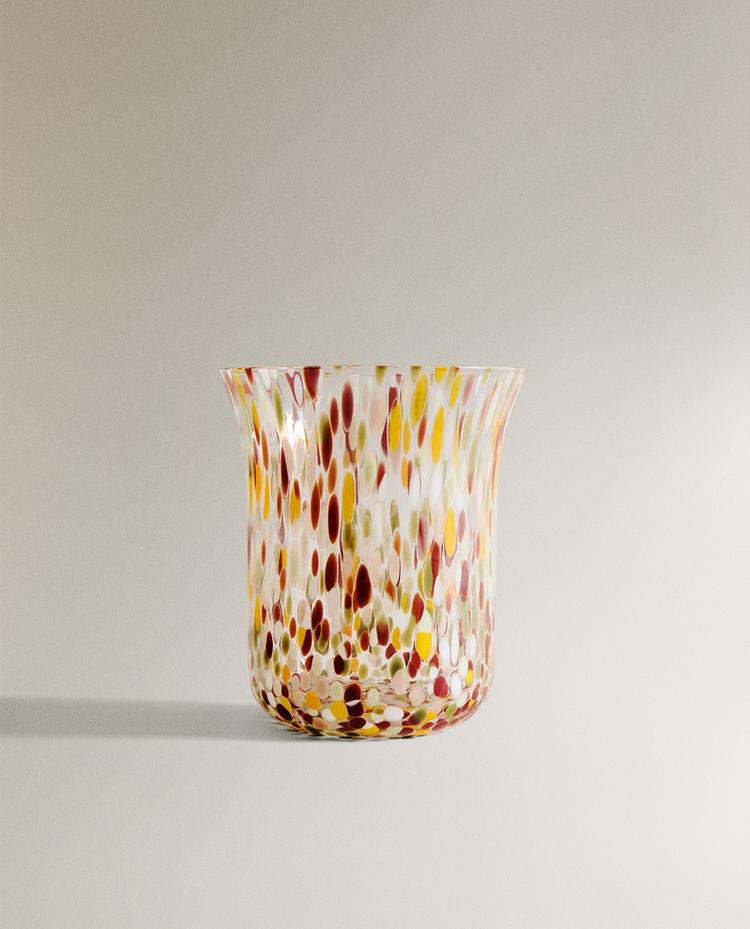 BLOWN GLASS TUMBLER WITH SPECKLED DESIGN