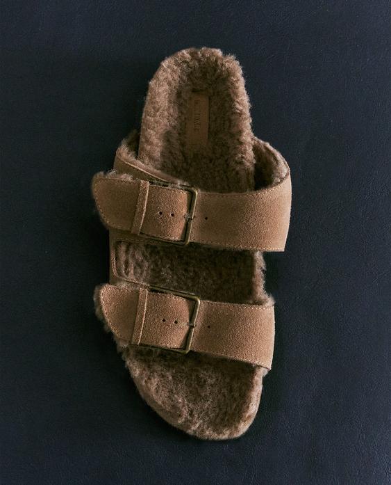 WARM SPLIT LEATHER DOUBLE-BUCKLE SANDALS