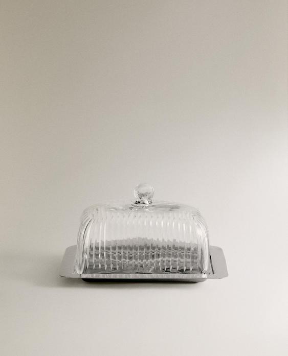 GLASS AND STAINLESS STEEL BUTTER DISH