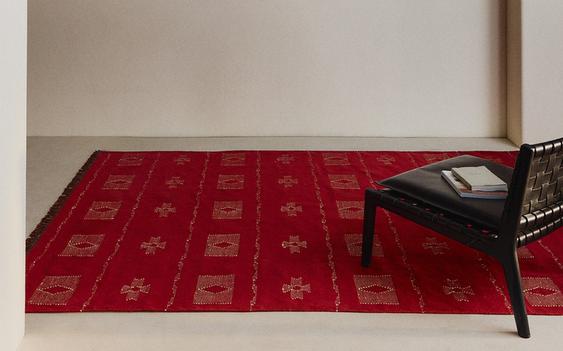 Woll- und Raphia-Teppich mit Geometrischem Muster