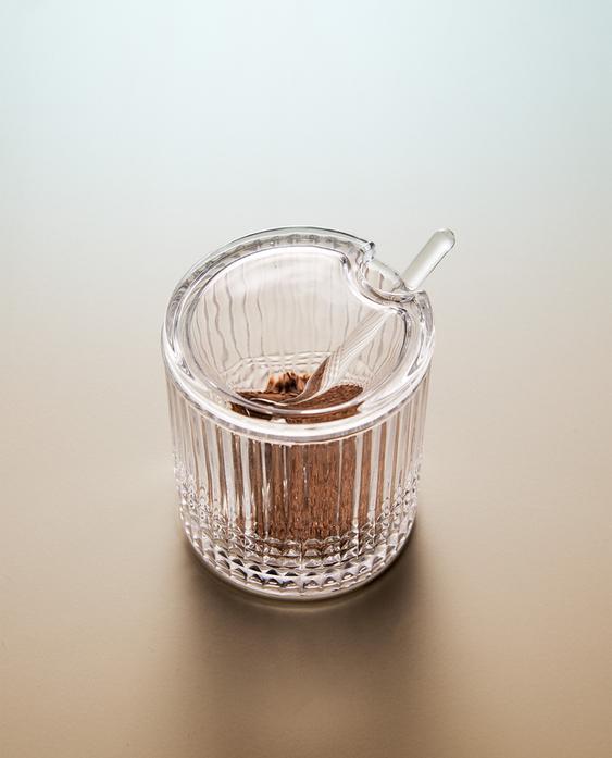GLASS SUGAR BOWL WITH RAISED GEOMETRIC DESIGN