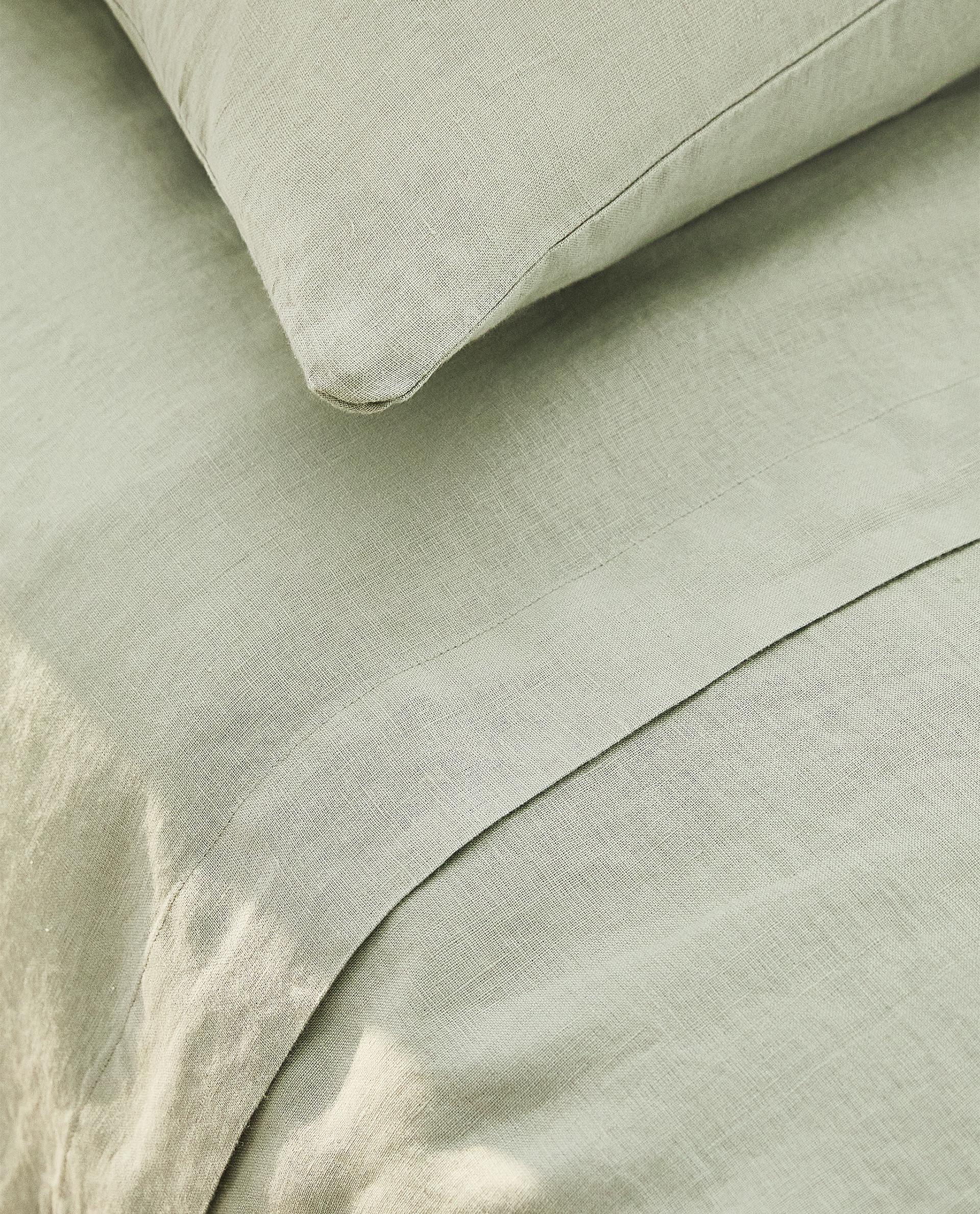 Zara linen green flat sheet and 2 pillowcases selling