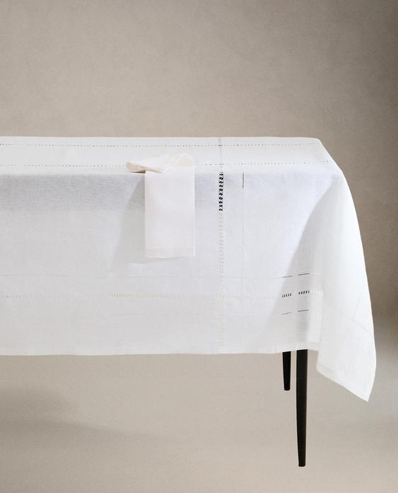 HEMSTITCHED EMBROIDERED LINEN TABLECLOTH