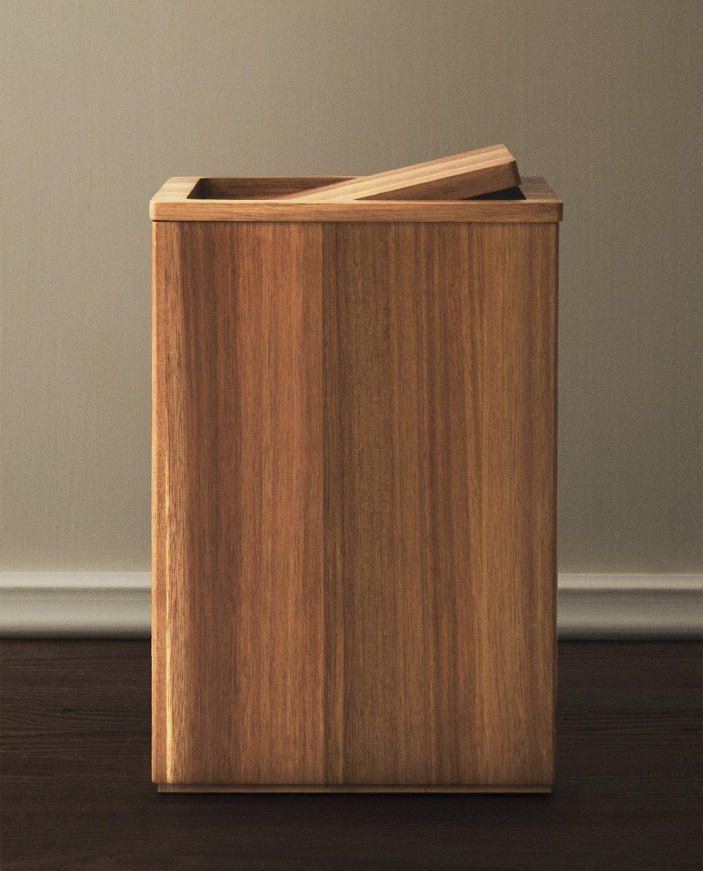 Large square wooden bathroom trash can
