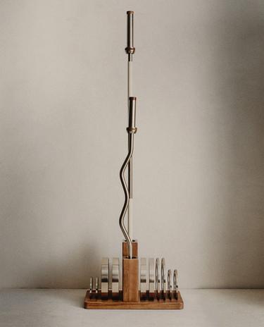 WOODEN STAND WITH WEIGHTS AND BARS