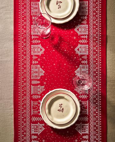 COLOURED COTTON TABLE RUNNER WITH CHRISTMAS VILLAGE DETAIL