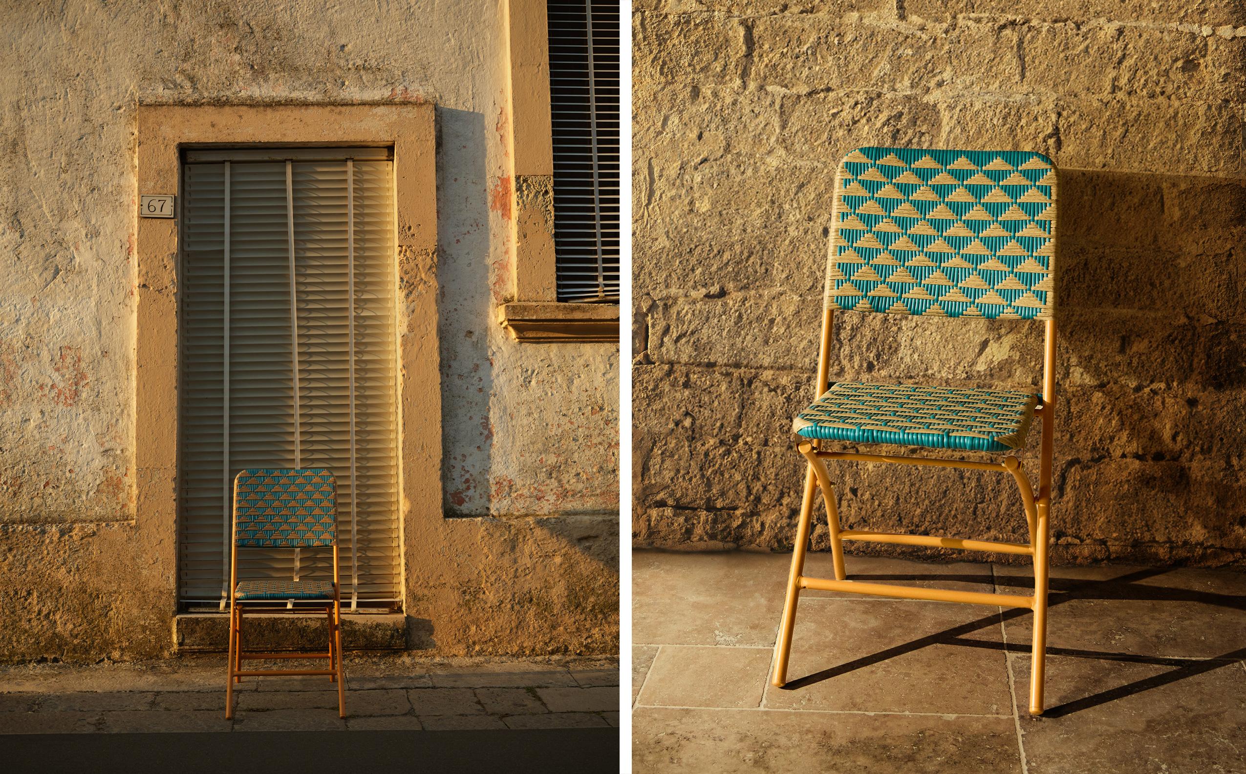 FOLDING CHAIR WITH WOVEN TRIANGLES