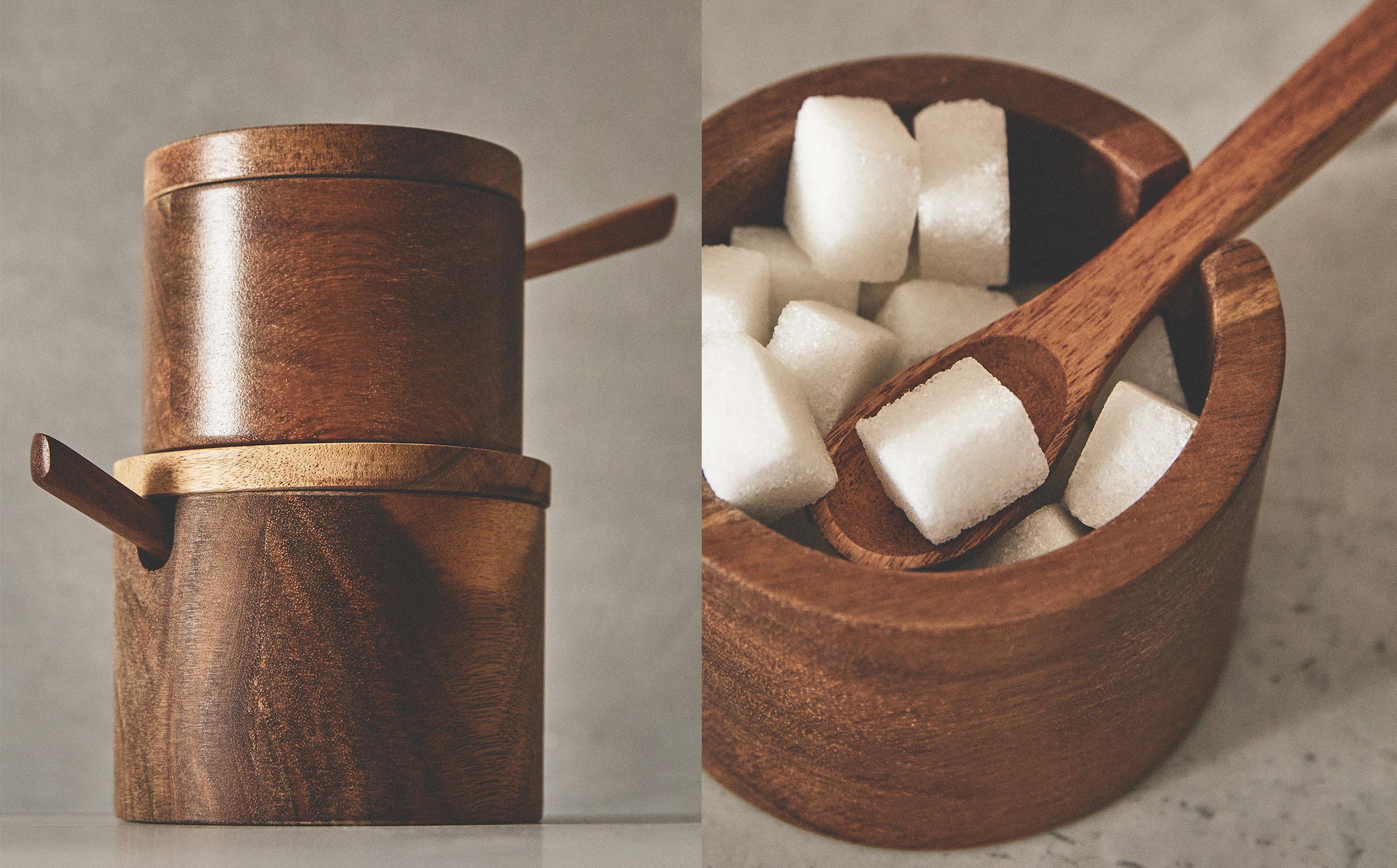 WOODEN SUGAR BOWL WITH SPOON