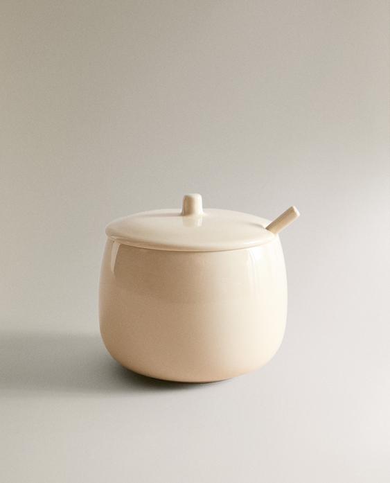 PLAIN STONEWARE SUGAR BOWL WITH SPOON