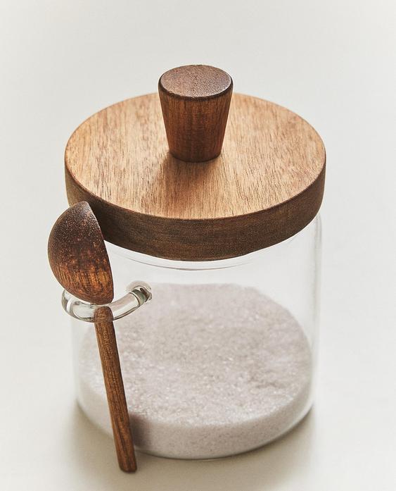 BOROSILICATE GLASS AND WOOD SUGAR BOWL