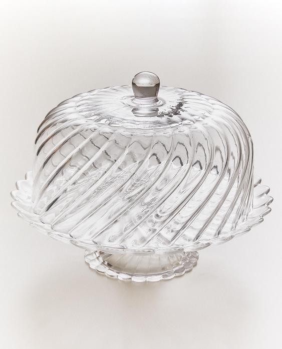 כלי הגשה לעוגה עשוי זכוכית עם פסים